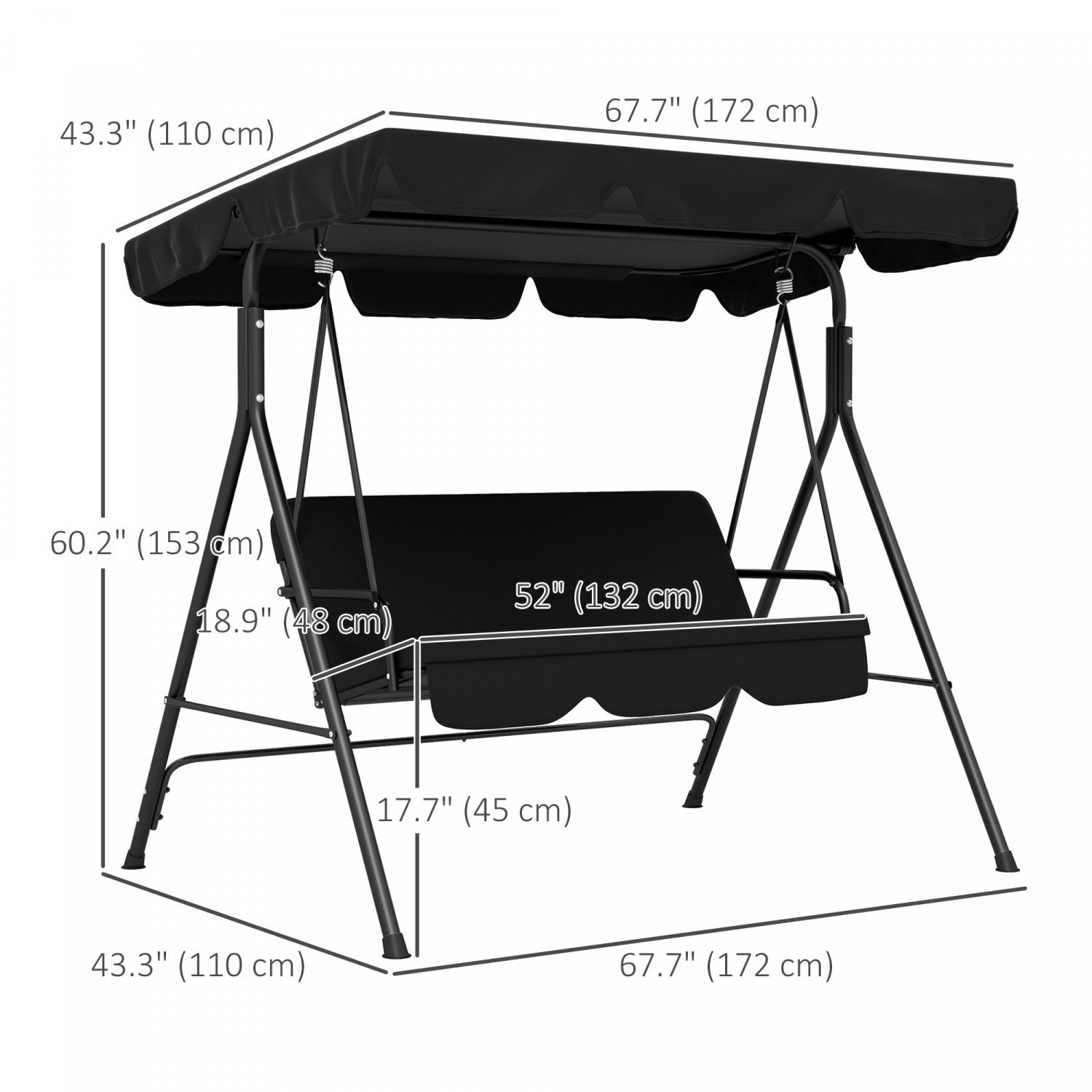 Outsunny 3-seat Patio Swing Chair With Adjustable Canopy Black|Outsunny Balancoire De Patio 3 Places Avec Auvent Reglable, Noir