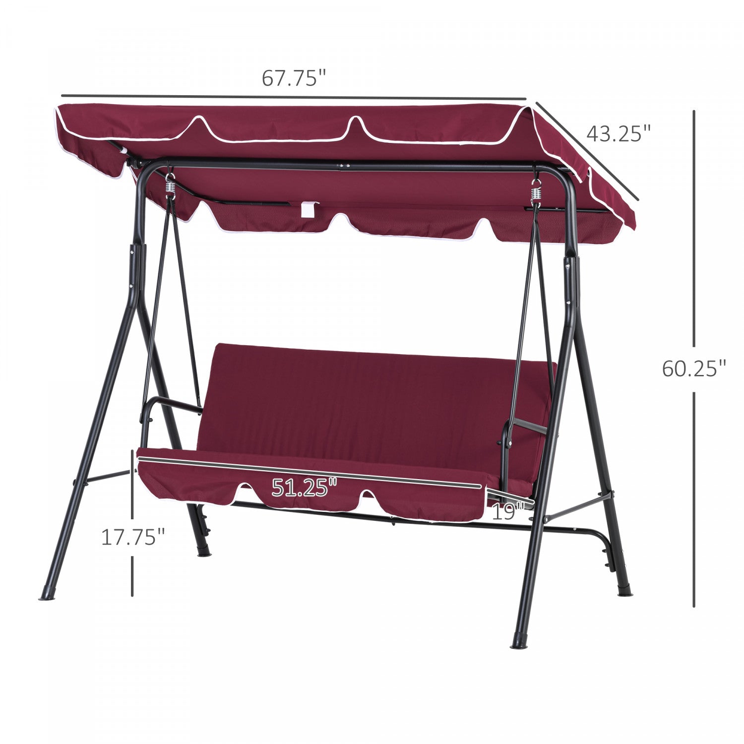 Outsunny 3-seat Patio Swing Chair, Outdoor Porch Swing Glider With Adjustable Canopy, Removable Cush|Outsunny Meatal Chaise Pivotante D'exterieur 3 Places Chaise Longue De Jardin Rembourree Hamac De Te