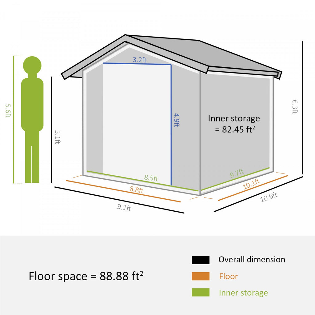 Outsunny 9' X 11' Metal Storage Shed With Floor Foundation, Garden Tool House With Double Sliding Do|Outsunny 11' X 9' Abri De Jardin Remise Pour Outils Abri A Outils Double Porte Coulissante 4 Fentes