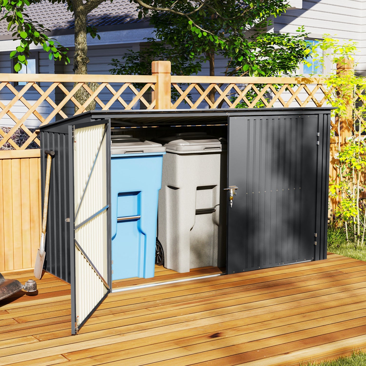 Outsunny 7.6 X 3.4ft Garbage Bin Shed With Lockable Doors And Openable Lid|Outsunny Remise A Poubelle Avec Portes Verrouillables, Couvercle Ouvrable