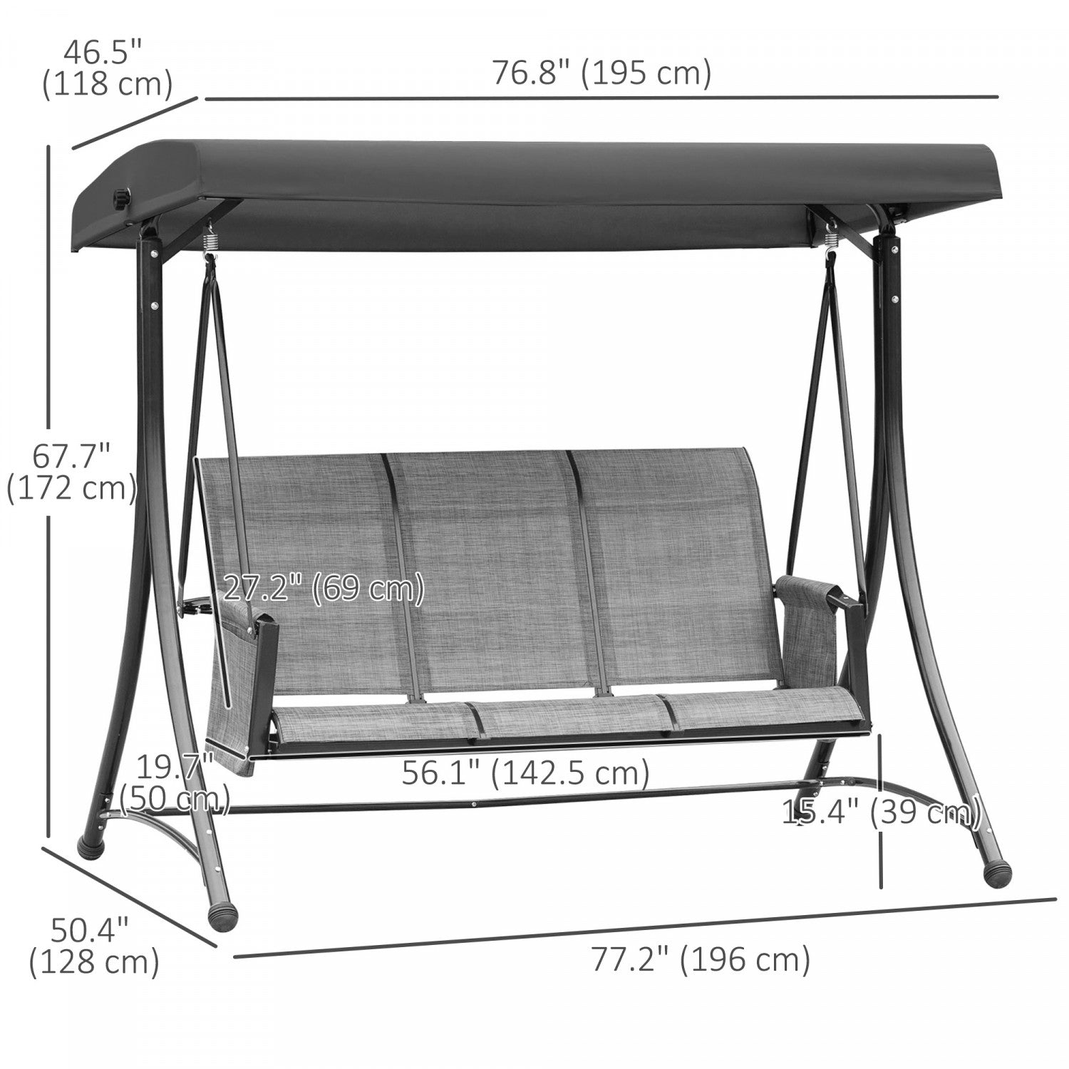 Outsunny 3 Person Outdoor Porch Swing Chair W/ Adjustable Canopy, Black|Outsunny Balancoire D'exterieur Pour 3 Personnes Avec Auvent Reglable, Noir