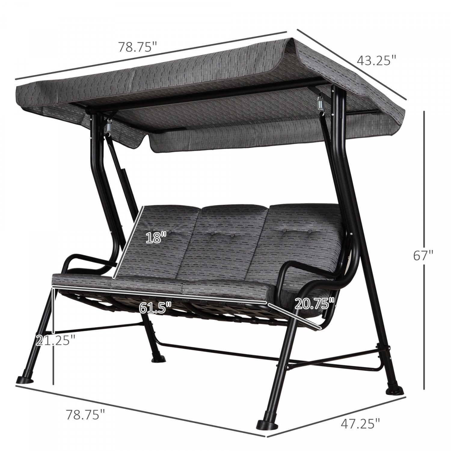 Outsunny Outdoor 3-person Metal Porch Swing Chair With Canopy Grey|Outsunny Chaise Pivotante Exterieure Pour Porche En Metal Pour 3 Personnes Avec Auvent Pour Patio Et