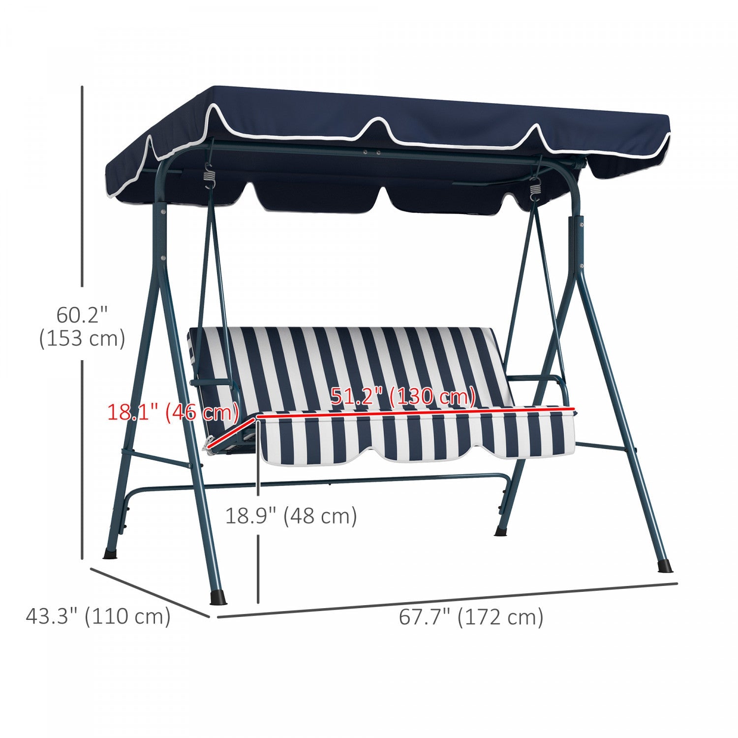 Outsunny 3-seat Patio Swing Chair With Adjustable Canopy Blue And White|Outsunny Balancoire De Patio A 3 Places Avec Auvent Reglable, Bleu Et Blanc