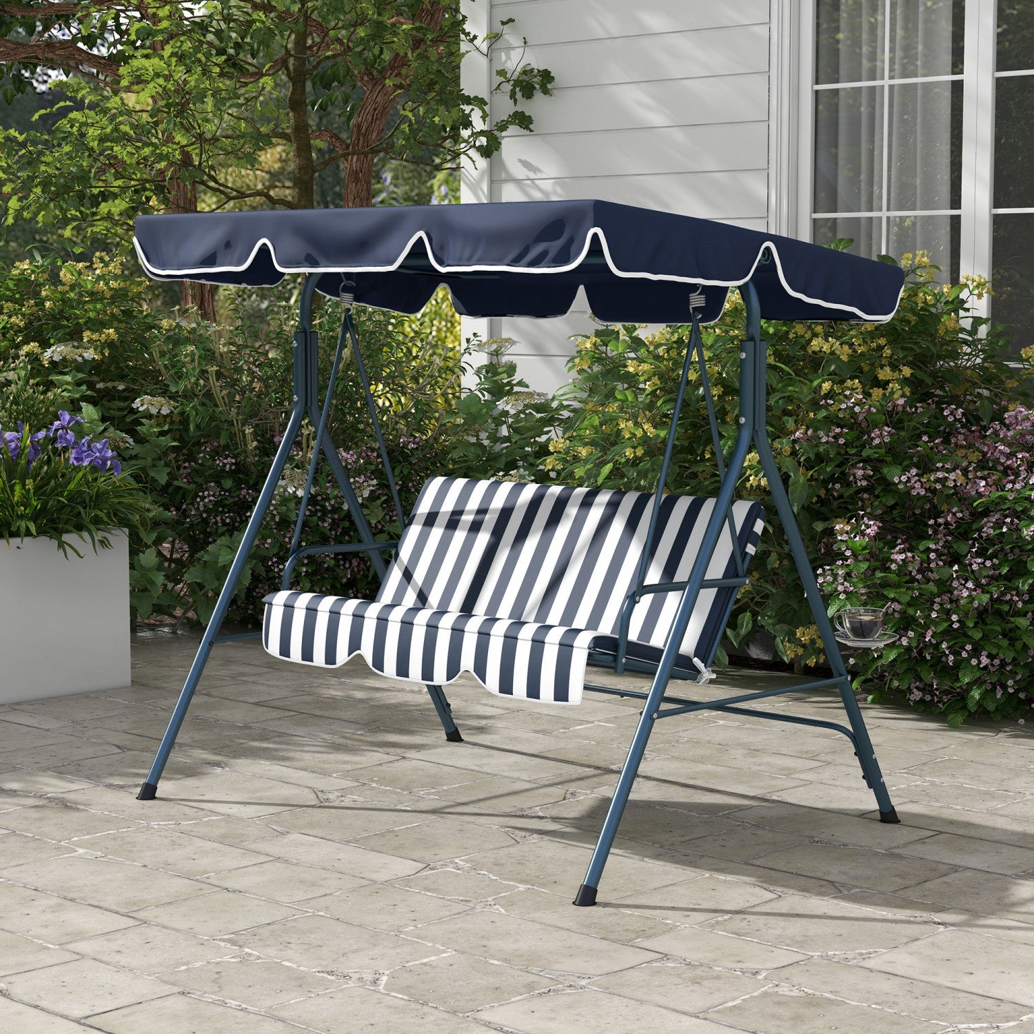 Outsunny 3-seat Patio Swing Chair With Adjustable Canopy Blue And White|Outsunny Balancoire De Patio A 3 Places Avec Auvent Reglable, Bleu Et Blanc