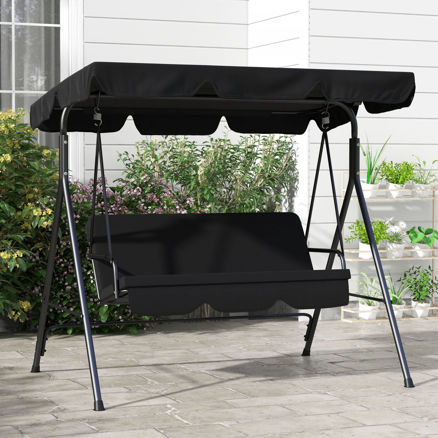 Outsunny 3-seat Patio Swing Chair With Adjustable Canopy Black|Outsunny Balancoire De Patio 3 Places Avec Auvent Reglable, Noir