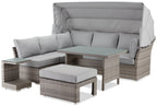 Bermuda 6-Piece Canopy Outdoor Patio Conversation Set - Hand-Woven Resin Wicker, UV & Weather Resistant - Grey | Ensemble de conversation Bermuda 6 pièces avec toit pour la terrasse à l’extérieur - osier en résine tressé à la main - gris