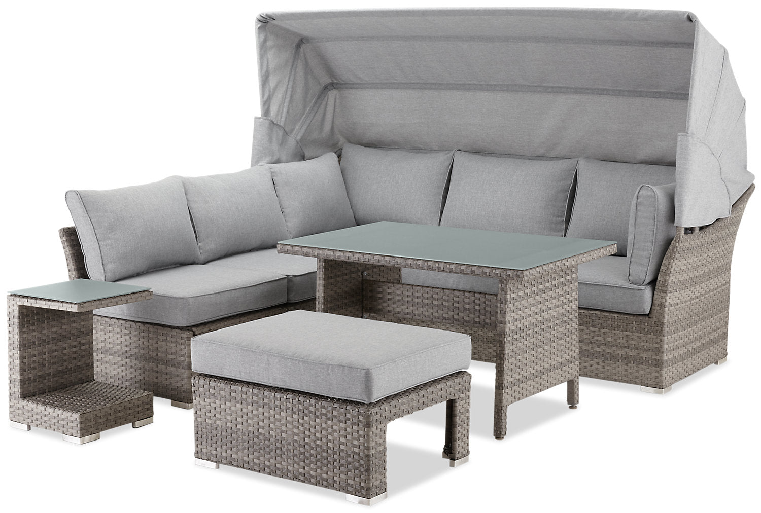 Bermuda 6-Piece Canopy Outdoor Patio Conversation Set - Hand-Woven Resin Wicker, UV & Weather Resistant - Grey | Ensemble de conversation Bermuda 6 pièces avec toit pour la terrasse à l’extérieur - osier en résine tressé à la main - gris