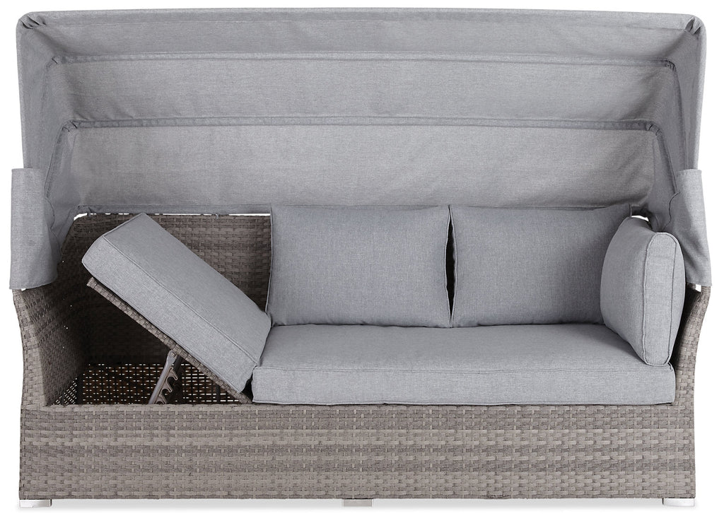 Bermuda 6-Piece Canopy Outdoor Patio Conversation Set - Hand-Woven Resin Wicker, UV & Weather Resistant - Grey | Ensemble de conversation Bermuda 6 pièces avec toit pour la terrasse à l’extérieur - osier en résine tressé à la main - gris
