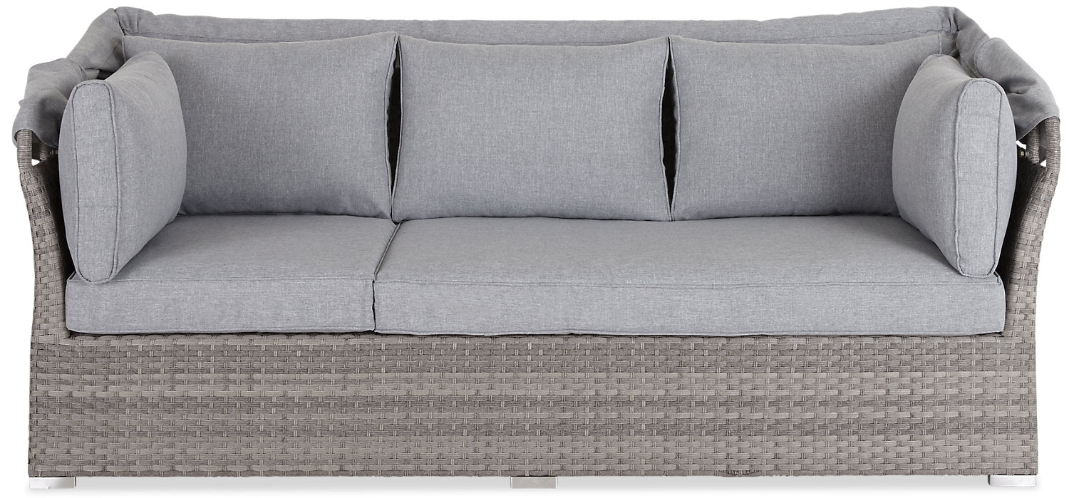 Bermuda 6-Piece Canopy Outdoor Patio Conversation Set - Hand-Woven Resin Wicker, UV & Weather Resistant - Grey | Ensemble de conversation Bermuda 6 pièces avec toit pour la terrasse à l’extérieur - osier en résine tressé à la main - gris