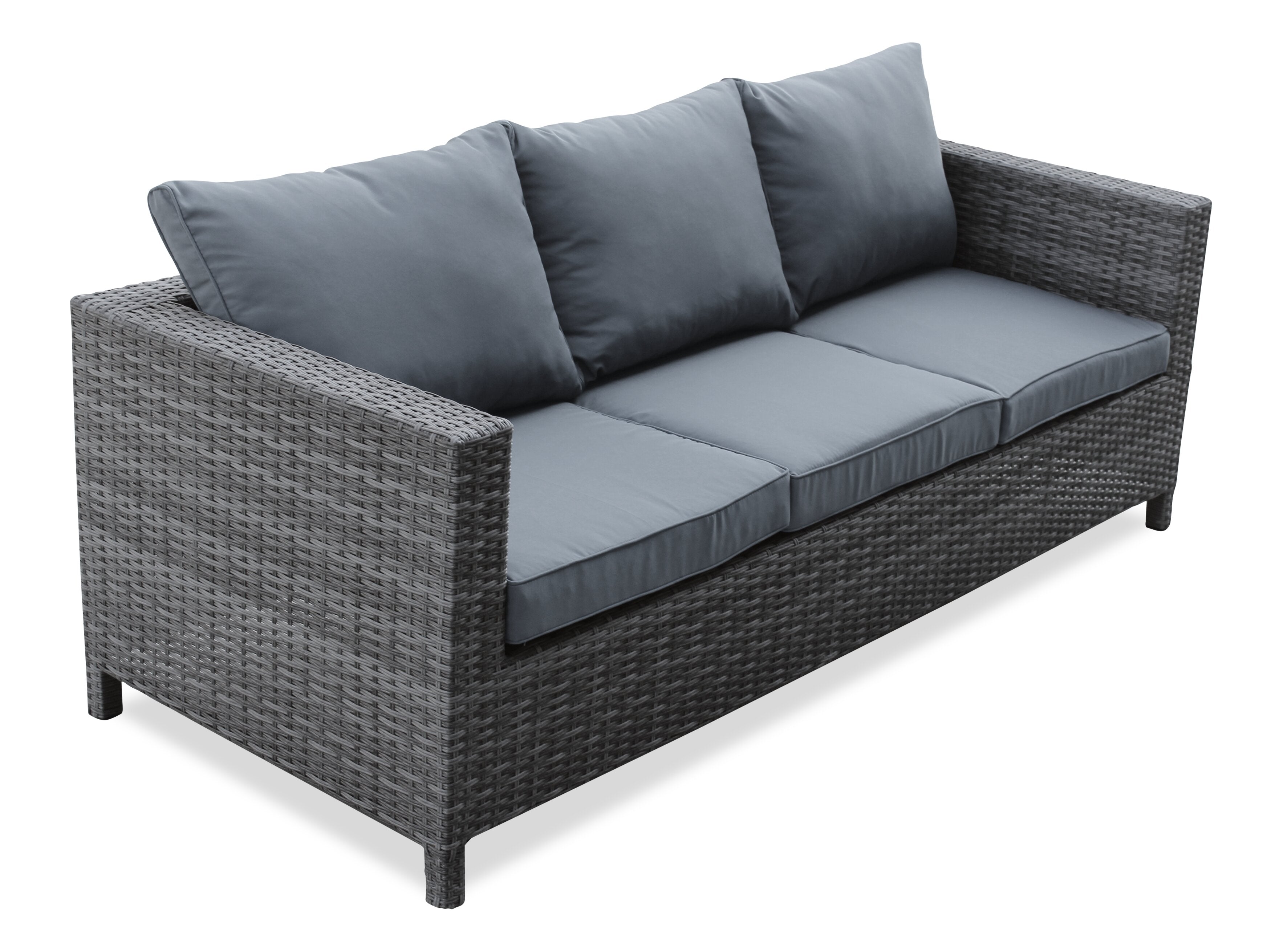 Athens 3-Piece Outdoor Patio Conversation Set with Sofa, Ottoman & Glass Top Coffee Table - Hand-Woven Resin Wicker, UV & Weather Resistant - Grey| Ensemble de conversation Athens 3 pièces pour la terrasse - Dark Grey | AT4G3SET