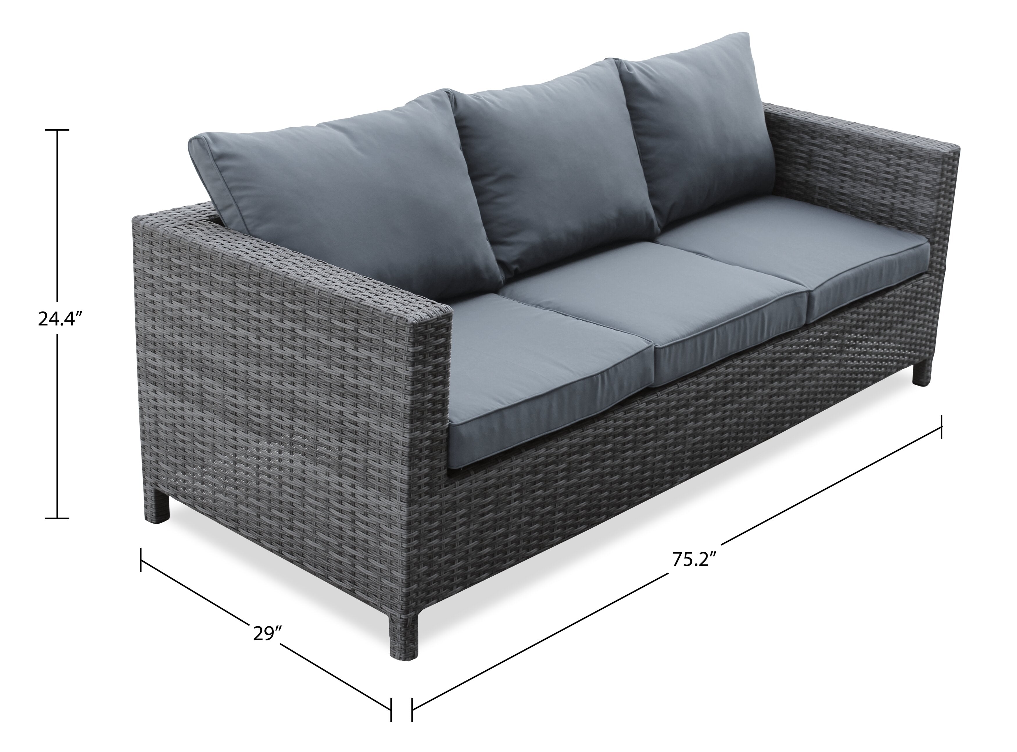 Athens 3-Piece Outdoor Patio Conversation Set with Sofa, Ottoman & Glass Top Coffee Table - Hand-Woven Resin Wicker, UV & Weather Resistant - Grey| Ensemble de conversation Athens 3 pièces pour la terrasse - Dark Grey | AT4G3SET
