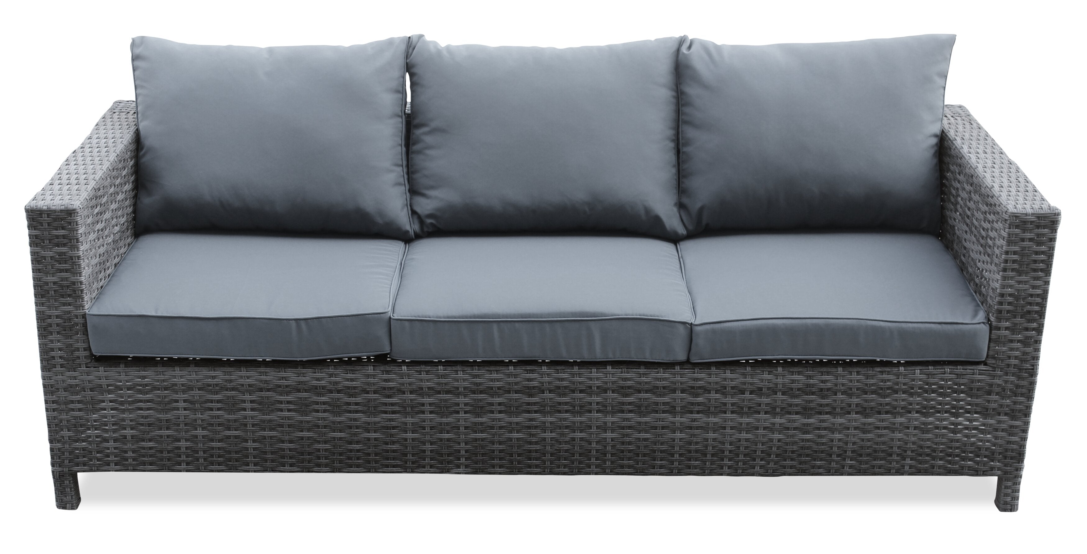 Athens 3-Piece Outdoor Patio Conversation Set with Sofa, Ottoman & Glass Top Coffee Table - Hand-Woven Resin Wicker, UV & Weather Resistant - Grey| Ensemble de conversation Athens 3 pièces pour la terrasse - Dark Grey | AT4G3SET