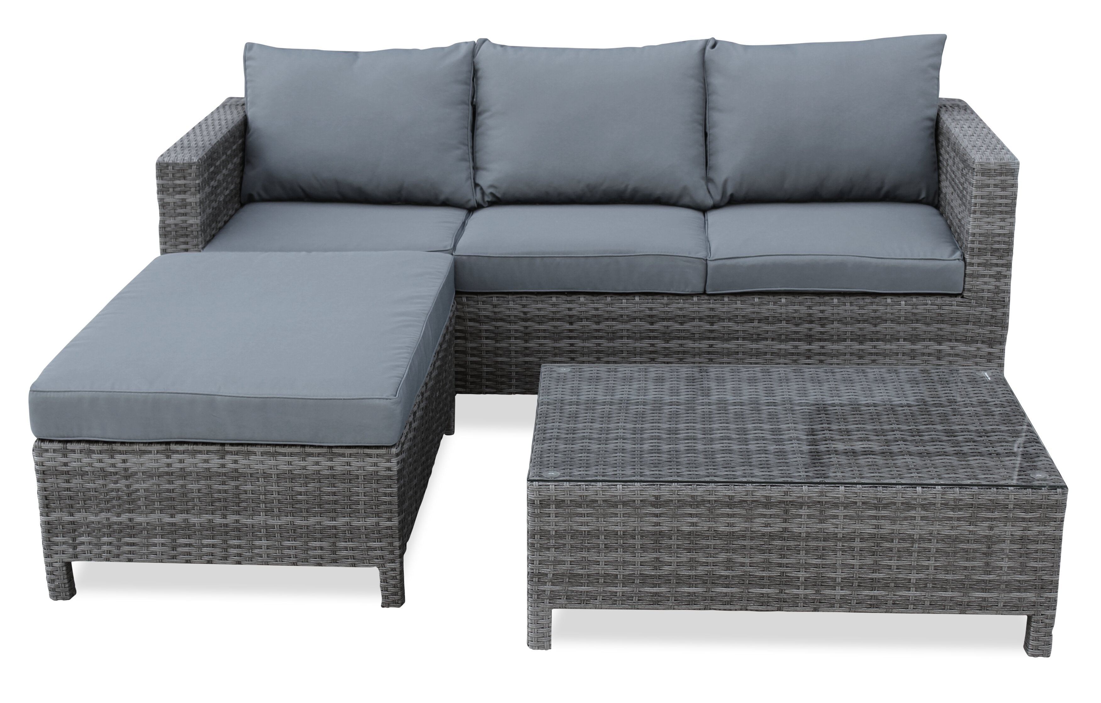 Athens 3-Piece Outdoor Patio Conversation Set with Sofa, Ottoman & Glass Top Coffee Table - Hand-Woven Resin Wicker, UV & Weather Resistant - Grey| Ensemble de conversation Athens 3 pièces pour la terrasse - Dark Grey | AT4G3SET