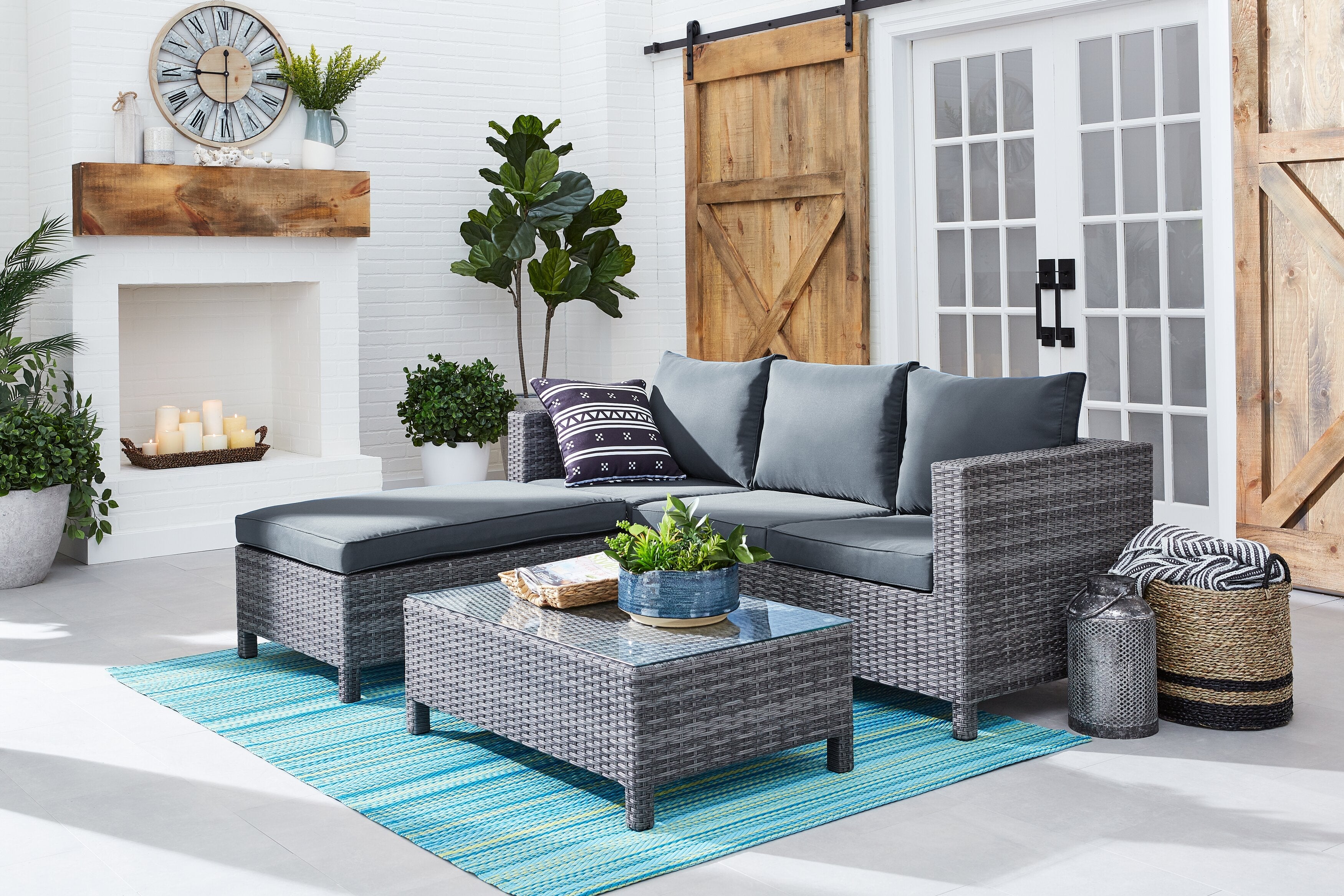 Athens 3-Piece Outdoor Patio Conversation Set with Sofa, Ottoman & Glass Top Coffee Table - Hand-Woven Resin Wicker, UV & Weather Resistant - Grey| Ensemble de conversation Athens 3 pièces pour la terrasse - Dark Grey | AT4G3SET