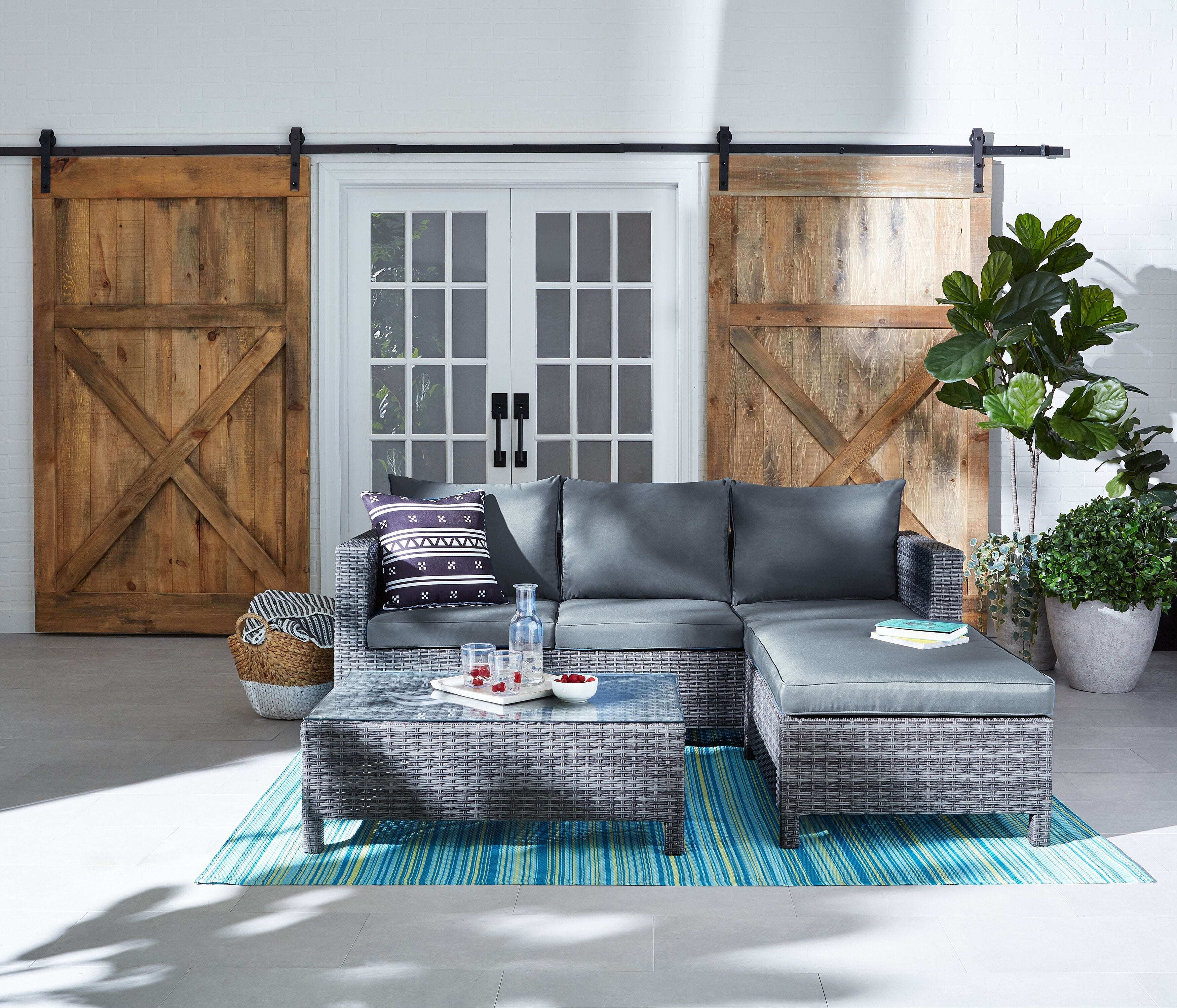 Athens 3-Piece Outdoor Patio Conversation Set with Sofa, Ottoman & Glass Top Coffee Table - Hand-Woven Resin Wicker, UV & Weather Resistant - Grey| Ensemble de conversation Athens 3 pièces pour la terrasse - Dark Grey | AT4G3SET