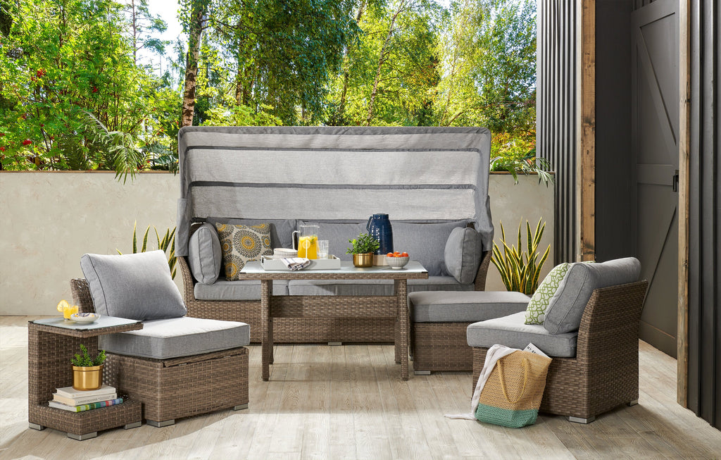 Bermuda 6-Piece Canopy Outdoor Patio Conversation Set - Hand-Woven Resin Wicker, UV & Weather Resistant - Grey | Ensemble de conversation Bermuda 6 pièces avec toit pour la terrasse à l’extérieur - osier en résine tressé à la main - gris