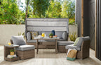 Bermuda 6-Piece Canopy Outdoor Patio Conversation Set - Hand-Woven Resin Wicker, UV & Weather Resistant - Grey | Ensemble de conversation Bermuda 6 pièces avec toit pour la terrasse à l’extérieur - osier en résine tressé à la main - gris