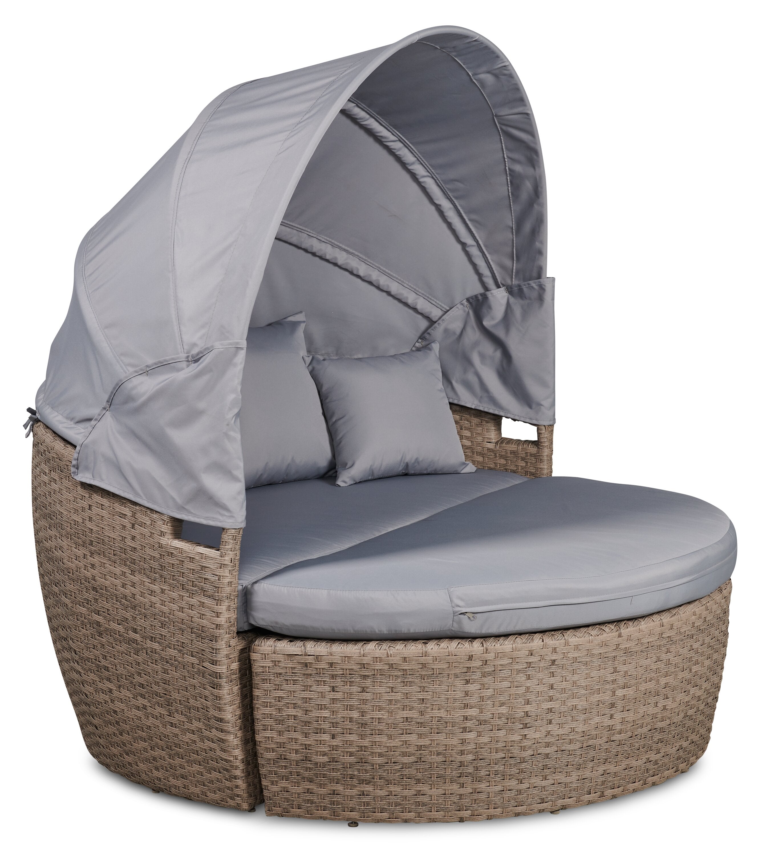Capri 2-Piece Canopy Outdoor Patio Conversation Set with Canopy Daybed, Semi-Circle Ottoman & 4 Throw Pillows - Hand-Woven Resin Wicker, UV & Weather Resistant - Grey| Ensemble de conversation Capri 2 pièces pour la terrasse
