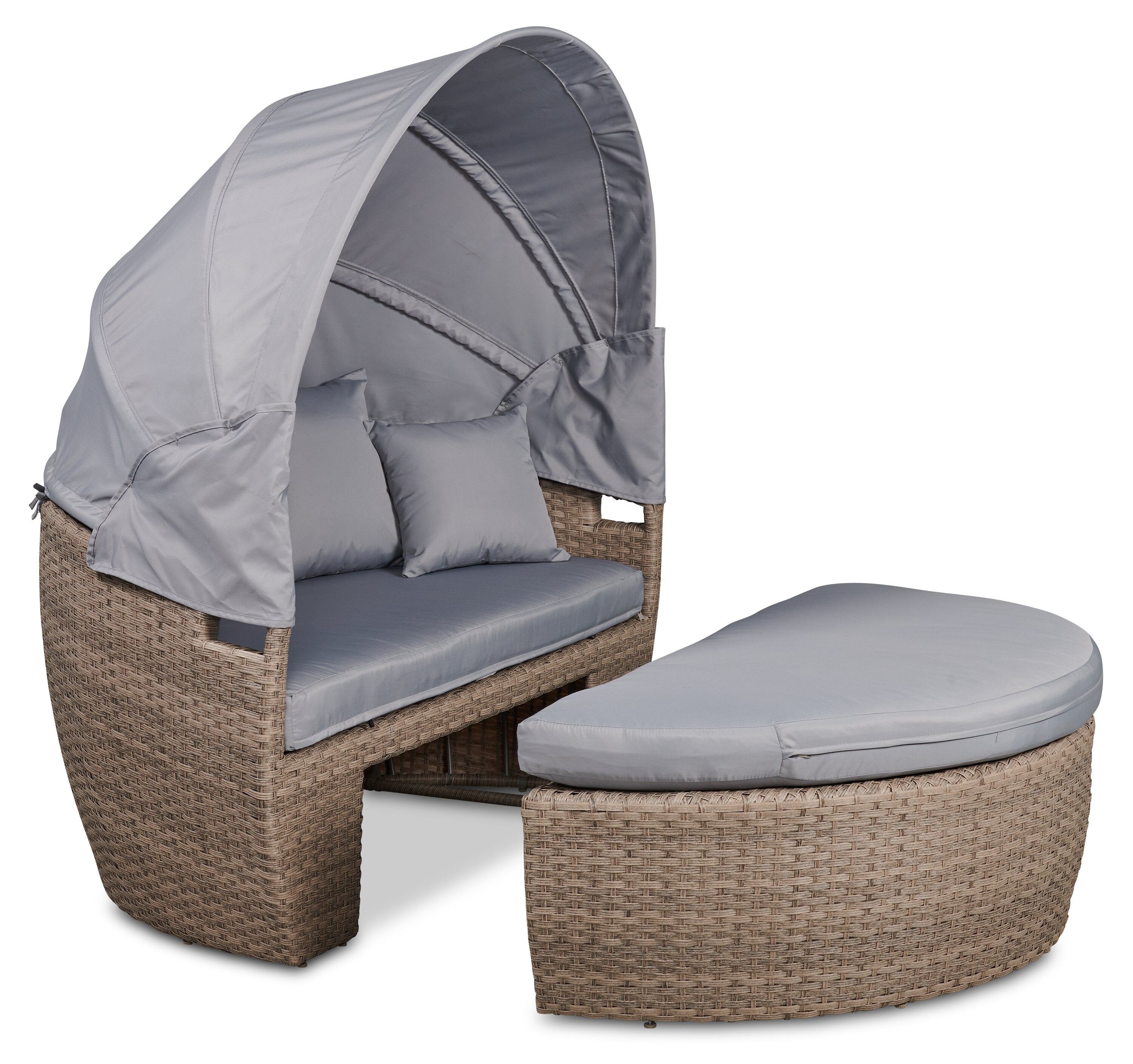 Capri 2-Piece Canopy Outdoor Patio Conversation Set with Canopy Daybed, Semi-Circle Ottoman & 4 Throw Pillows - Hand-Woven Resin Wicker, UV & Weather Resistant - Grey| Ensemble de conversation Capri 2 pièces pour la terrasse