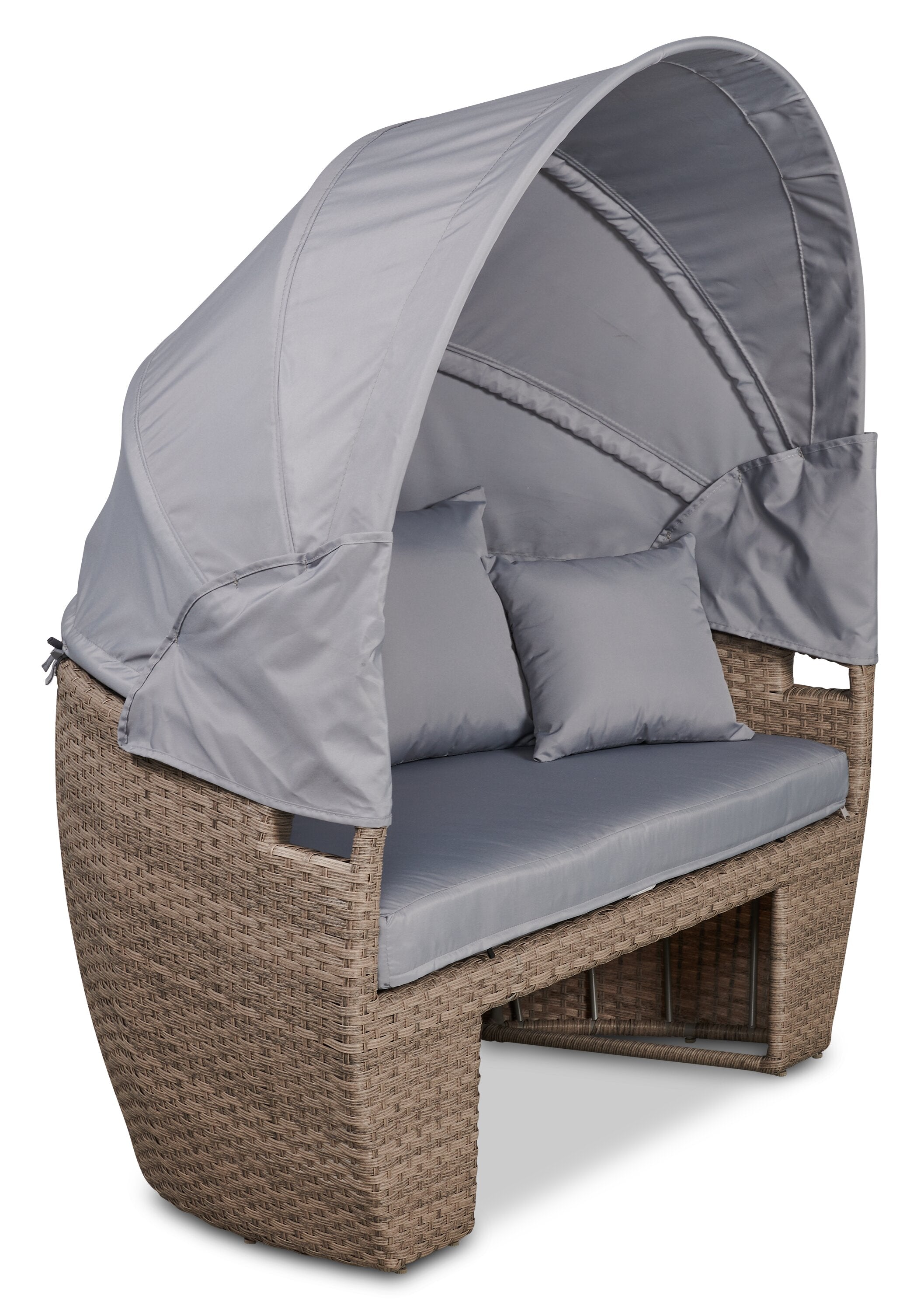 Capri 2-Piece Canopy Outdoor Patio Conversation Set with Canopy Daybed, Semi-Circle Ottoman & 4 Throw Pillows - Hand-Woven Resin Wicker, UV & Weather Resistant - Grey| Ensemble de conversation Capri 2 pièces pour la terrasse