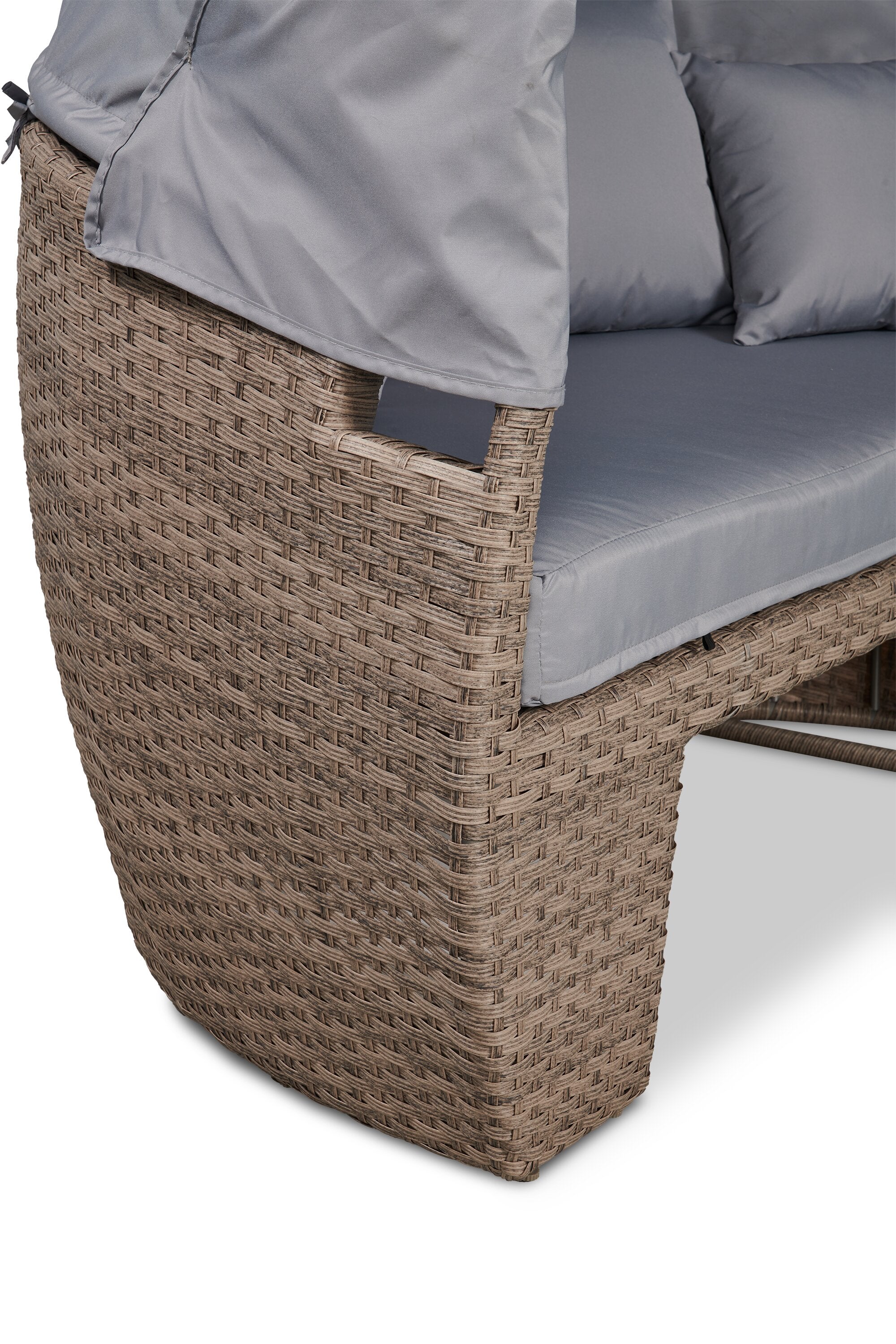 Capri 2-Piece Canopy Outdoor Patio Conversation Set with Canopy Daybed, Semi-Circle Ottoman & 4 Throw Pillows - Hand-Woven Resin Wicker, UV & Weather Resistant - Grey| Ensemble de conversation Capri 2 pièces pour la terrasse