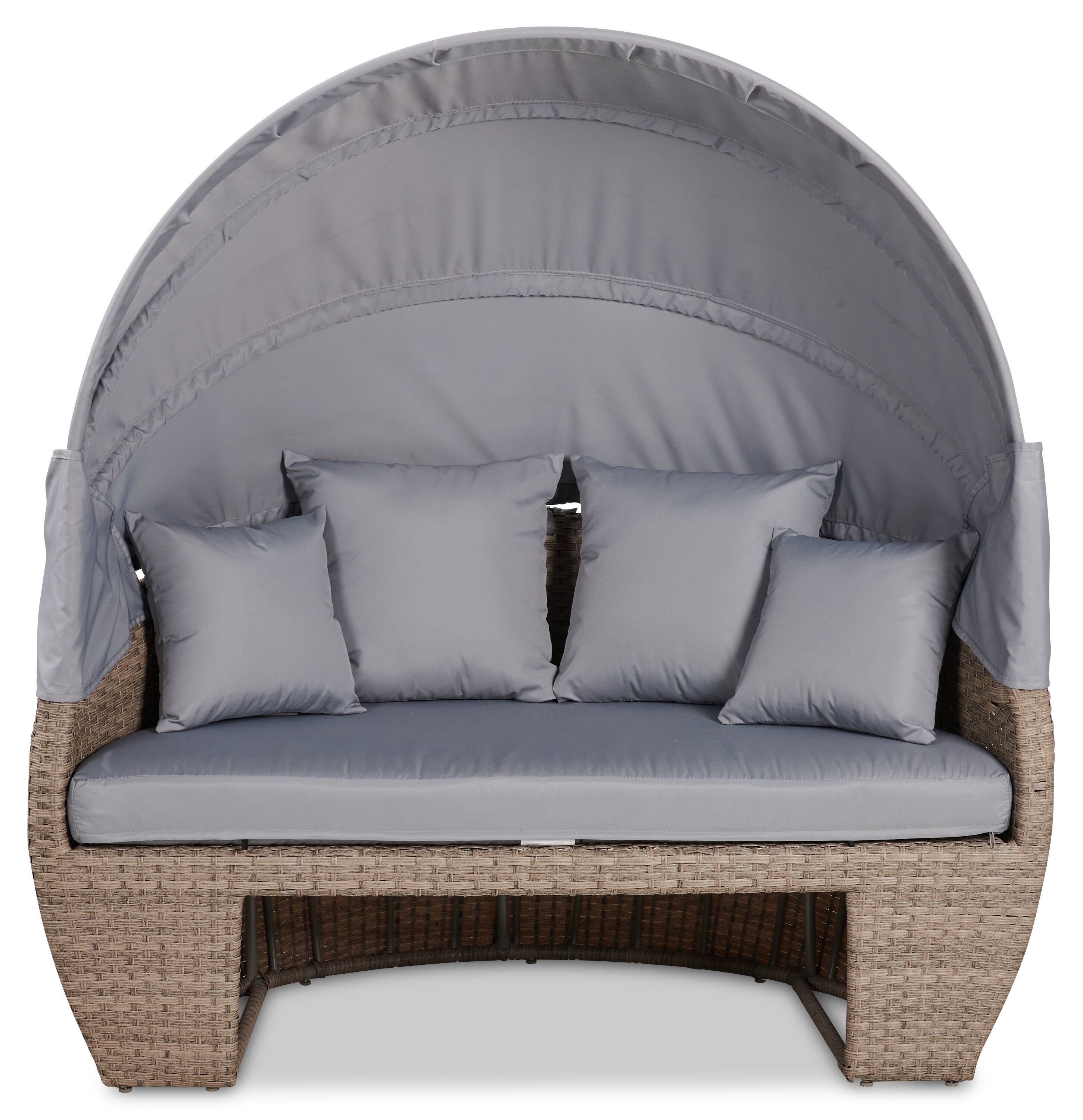Capri 2-Piece Canopy Outdoor Patio Conversation Set with Canopy Daybed, Semi-Circle Ottoman & 4 Throw Pillows - Hand-Woven Resin Wicker, UV & Weather Resistant - Grey| Ensemble de conversation Capri 2 pièces pour la terrasse