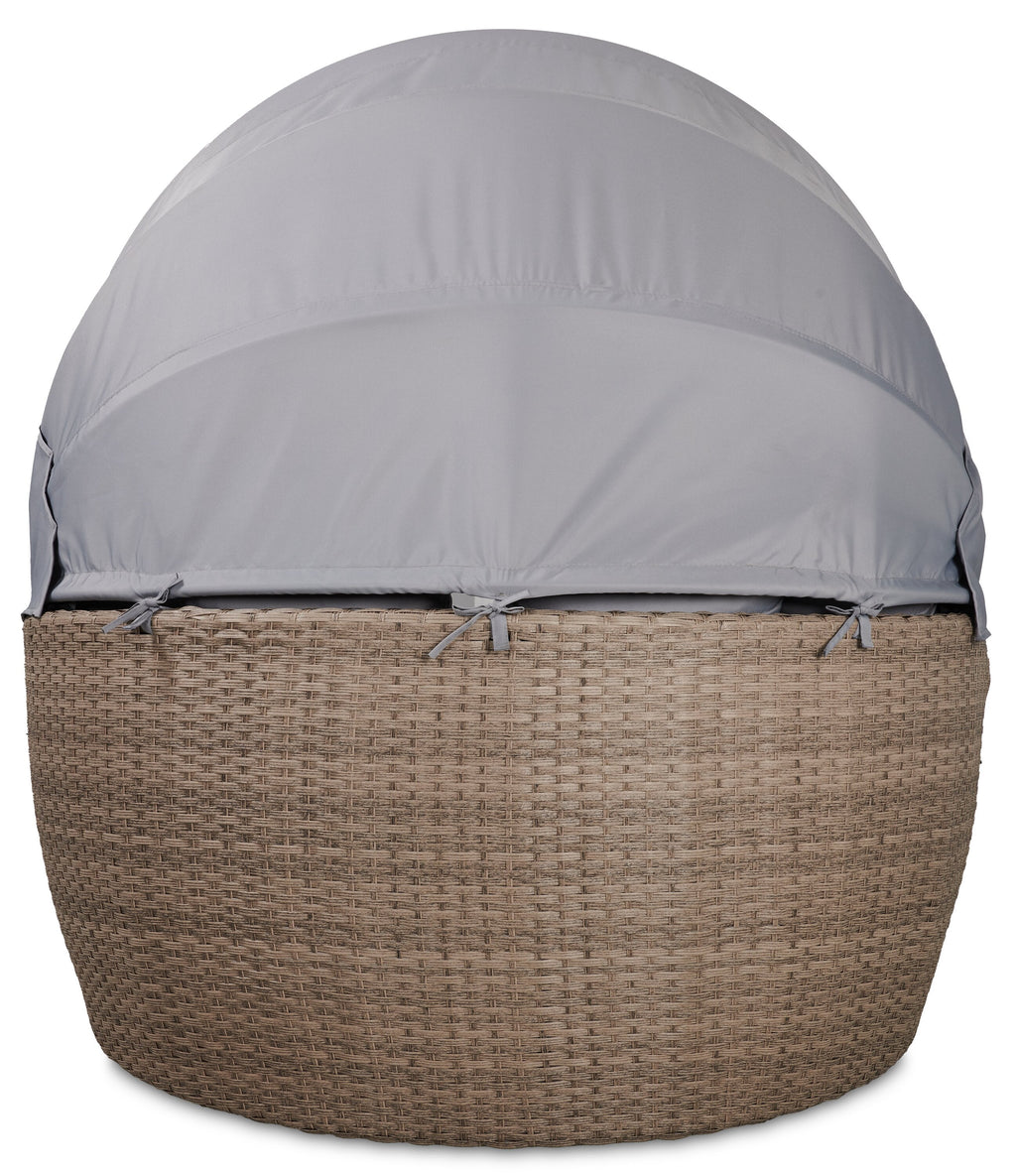 Capri 2-Piece Canopy Outdoor Patio Conversation Set with Canopy Daybed, Semi-Circle Ottoman & 4 Throw Pillows - Hand-Woven Resin Wicker, UV & Weather Resistant - Grey| Ensemble de conversation Capri 2 pièces pour la terrasse