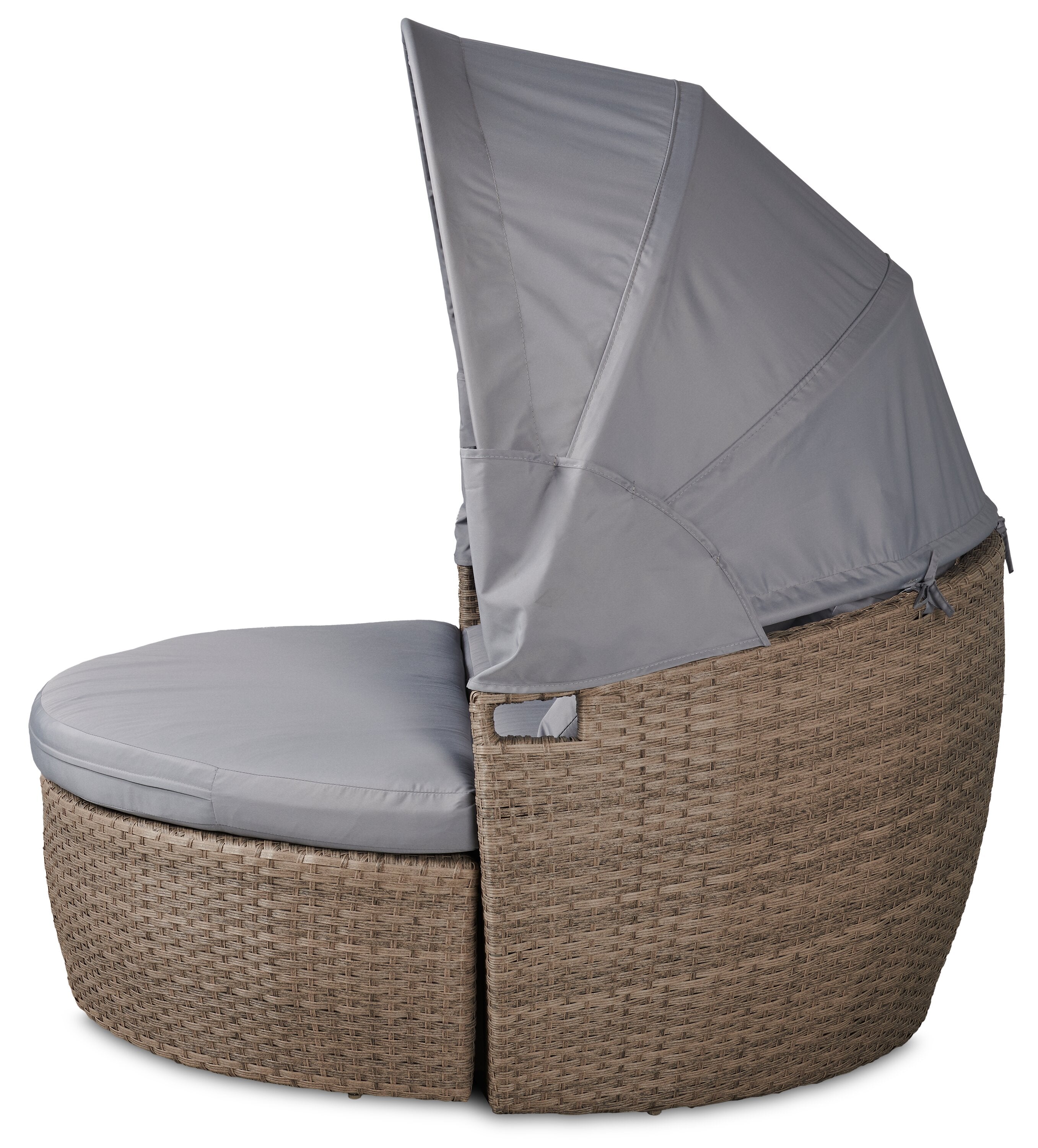 Capri 2-Piece Canopy Outdoor Patio Conversation Set with Canopy Daybed, Semi-Circle Ottoman & 4 Throw Pillows - Hand-Woven Resin Wicker, UV & Weather Resistant - Grey| Ensemble de conversation Capri 2 pièces pour la terrasse