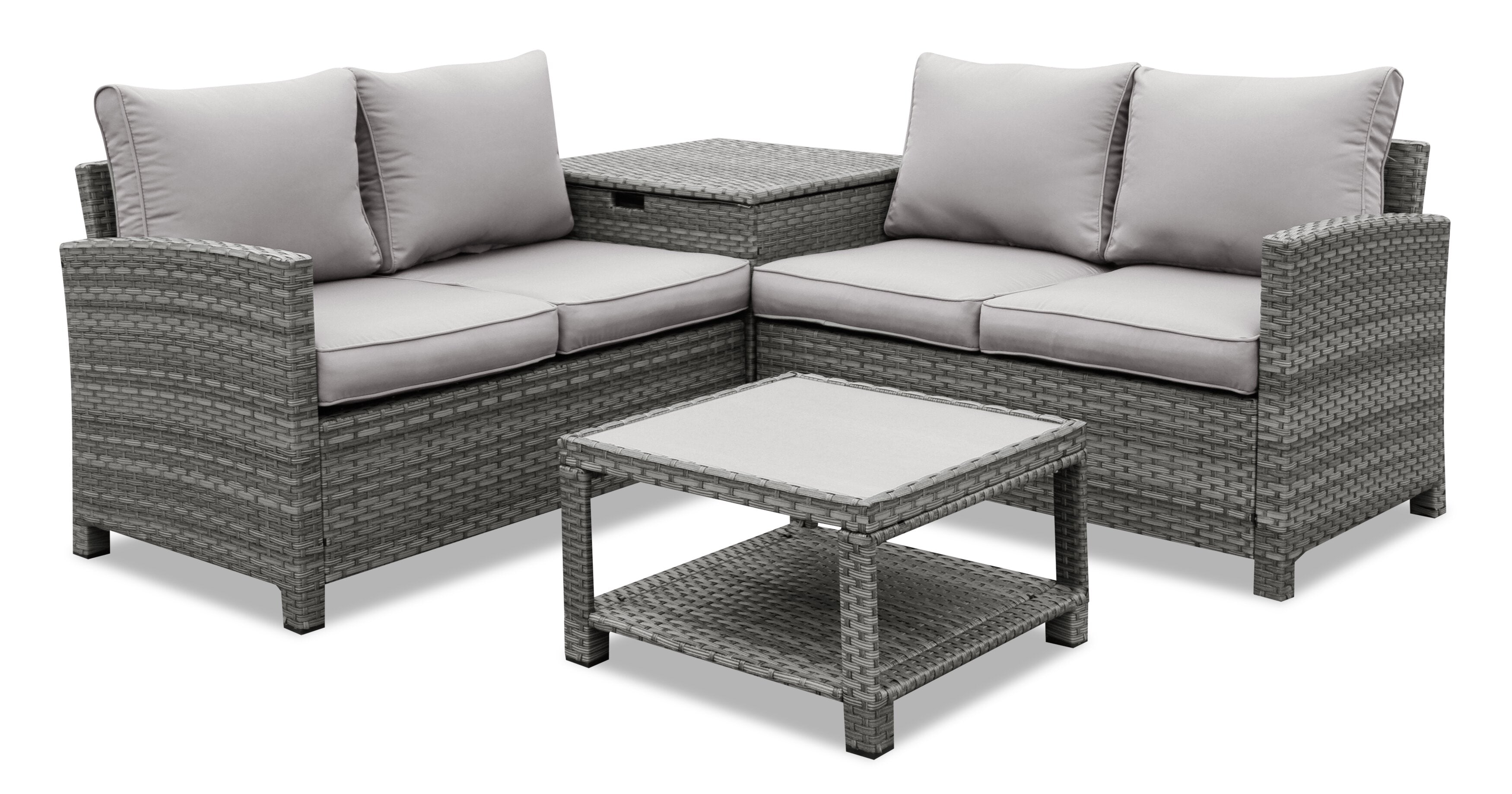 Dominica 4-Piece Outdoor Patio Set with 2 Loveseats, Storage End Table & Glass Top Coffee Table - Hand-Woven Resin Wicker, UV & Weather Resistant - Grey | Ensemble de conversation Dominica 4 pièces pour la terrasse | DOMI4SET