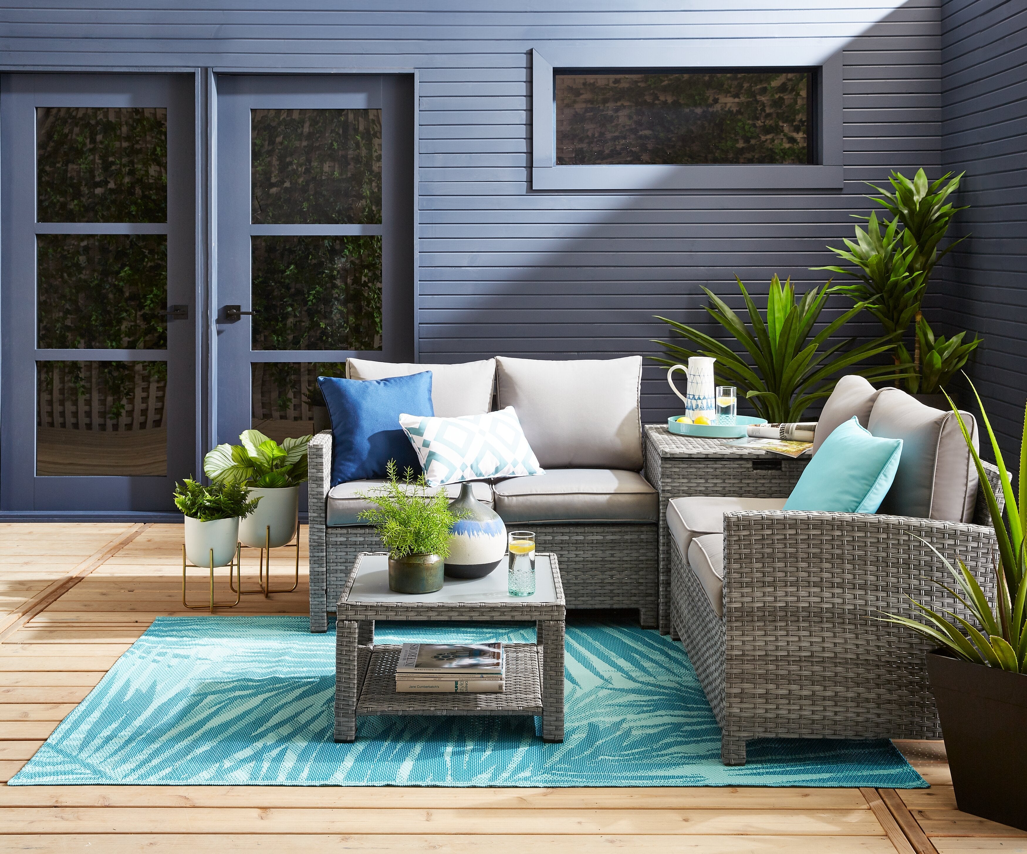 Dominica 4-Piece Outdoor Patio Set with 2 Loveseats, Storage End Table & Glass Top Coffee Table - Hand-Woven Resin Wicker, UV & Weather Resistant - Grey | Ensemble de conversation Dominica 4 pièces pour la terrasse | DOMI4SET