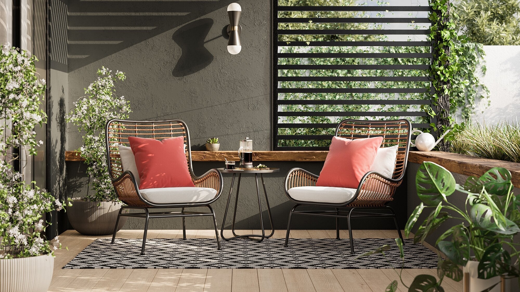 Maki 3-Piece Outdoor Patio Conversation Set with 2 Chairs & Round Metal End Table - Hand-Woven Resin Wicker, UV & Weather Resistant - Natural| Coin-repas pour la terrasse Maki 3 pièces | MAKI3SET