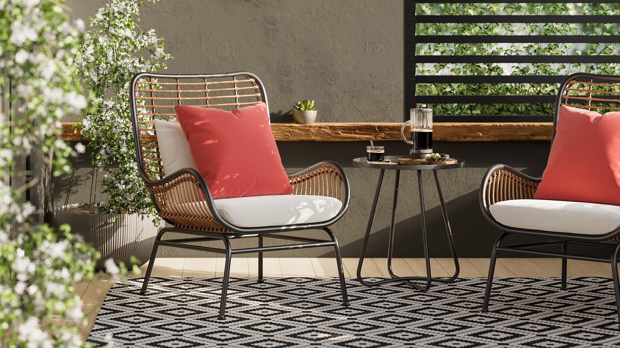 Maki 3-Piece Outdoor Patio Conversation Set with 2 Chairs & Round Metal End Table - Hand-Woven Resin Wicker, UV & Weather Resistant - Natural| Coin-repas pour la terrasse Maki 3 pièces | MAKI3SET