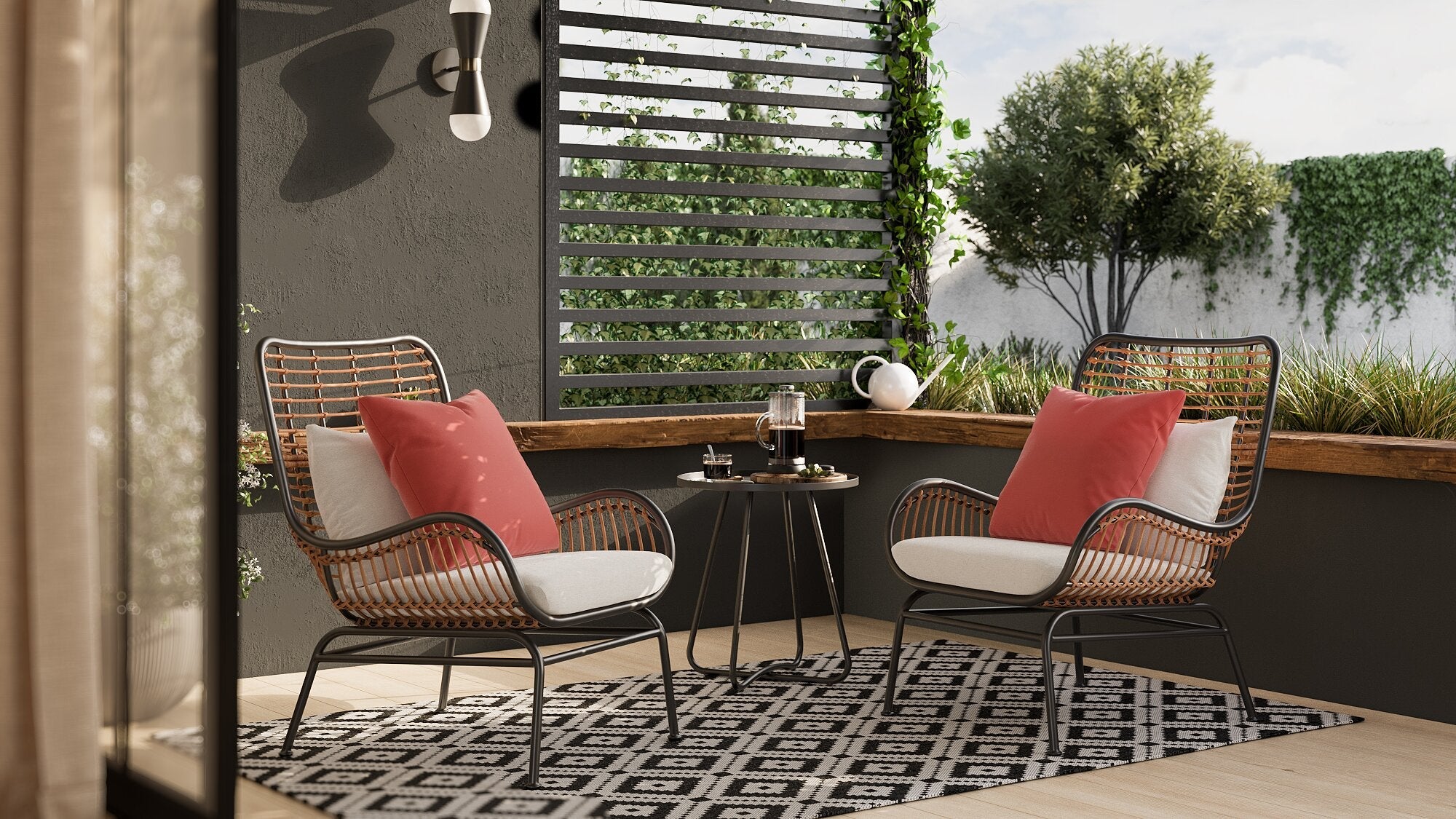 Maki 3-Piece Outdoor Patio Conversation Set with 2 Chairs & Round Metal End Table - Hand-Woven Resin Wicker, UV & Weather Resistant - Natural| Coin-repas pour la terrasse Maki 3 pièces | MAKI3SET