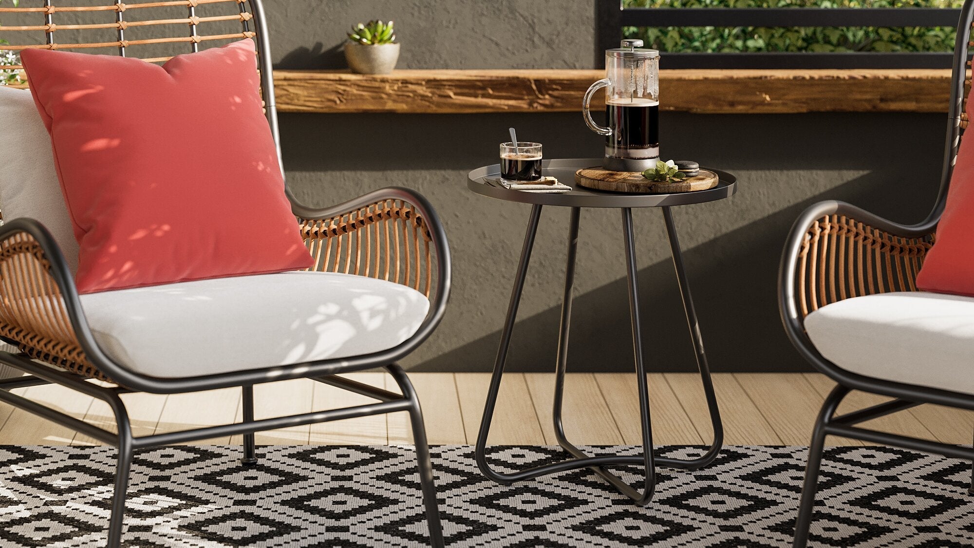 Maki 3-Piece Outdoor Patio Conversation Set with 2 Chairs & Round Metal End Table - Hand-Woven Resin Wicker, UV & Weather Resistant - Natural| Coin-repas pour la terrasse Maki 3 pièces | MAKI3SET