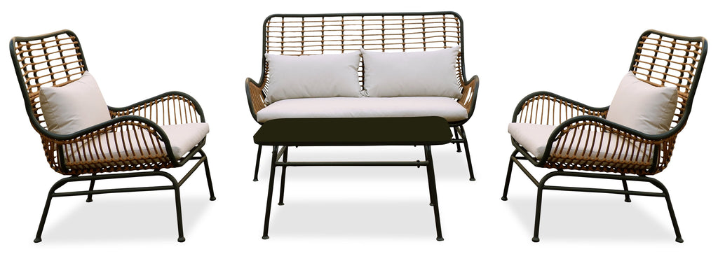 Maki 4-Piece Outdoor Patio Conversation Set with Loveseat, 2 Chairs & Glass Top Coffee Table - Hand-Woven Resin Wicker, UV & Weather Resistant - Natural | Ensemble de conversation Maki 4 pièces pour la terrasse