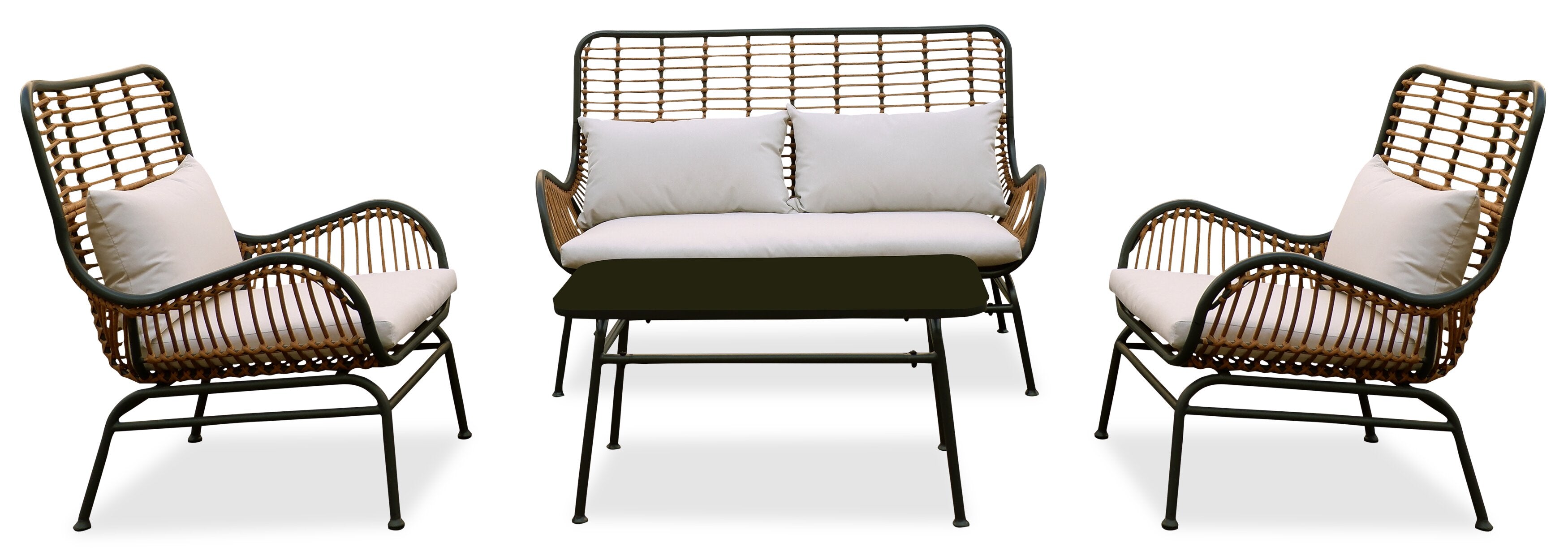 Maki 4-Piece Outdoor Patio Conversation Set with Loveseat, 2 Chairs & Glass Top Coffee Table - Hand-Woven Resin Wicker, UV & Weather Resistant - Natural | Ensemble de conversation Maki 4 pièces pour la terrasse