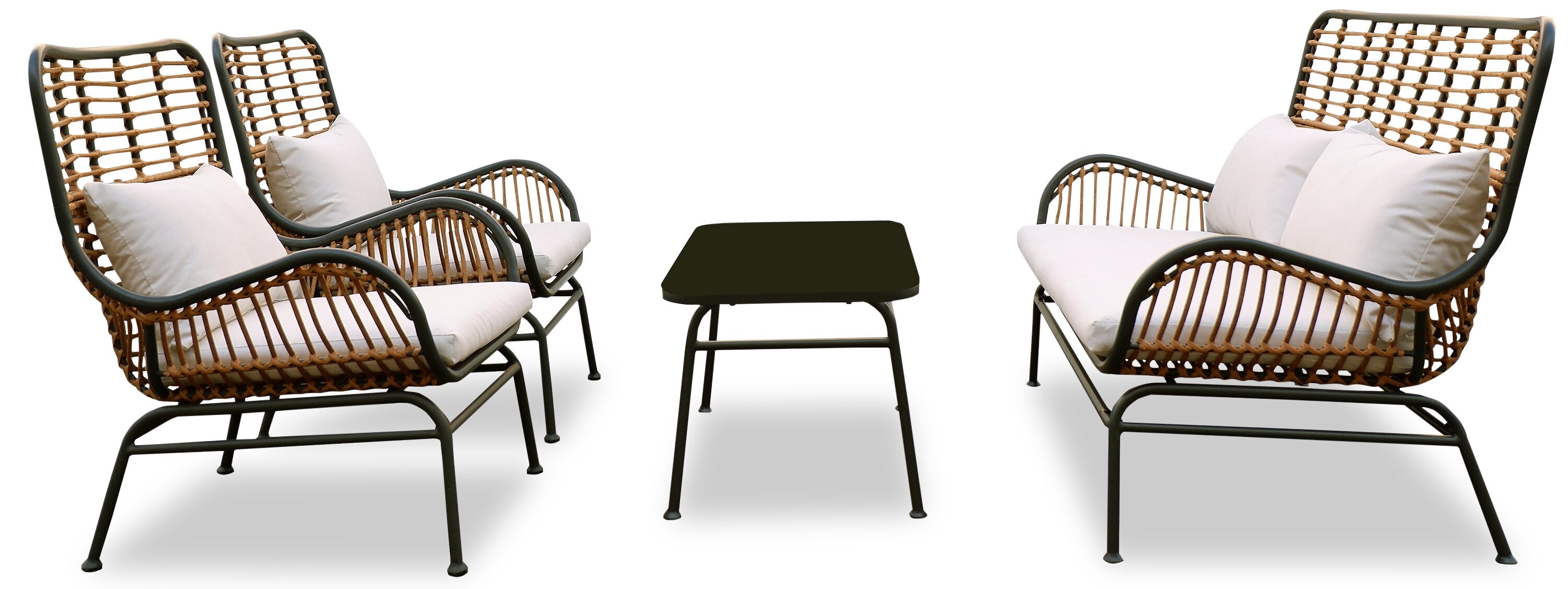 Maki 4-Piece Outdoor Patio Conversation Set with Loveseat, 2 Chairs & Glass Top Coffee Table - Hand-Woven Resin Wicker, UV & Weather Resistant - Natural | Ensemble de conversation Maki 4 pièces pour la terrasse