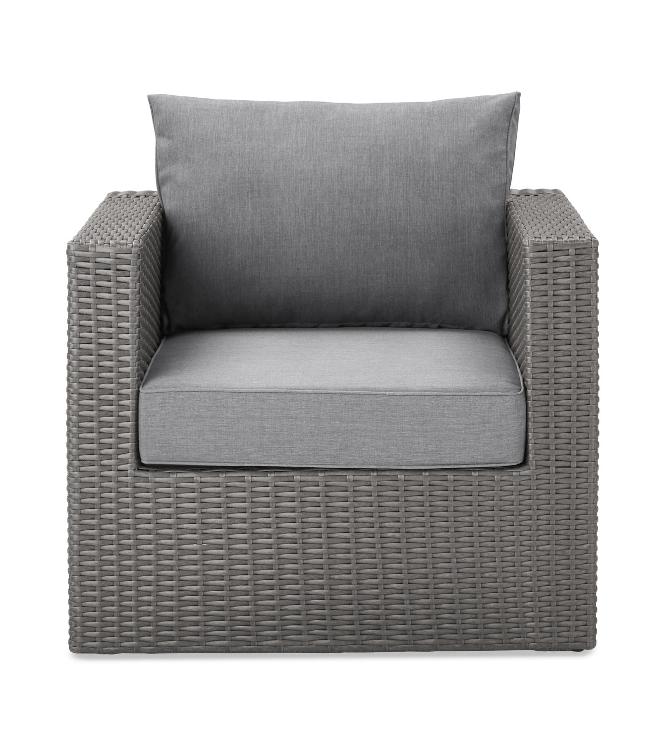 Morris Outdoor Patio Chair - Hand-Woven Resin Wicker, Olefin Fabric, UV & Weather Resistant - Grey|Fauteuil Morris pour la terrasse à l’extérieur, osier en résine tressé à la main, tissu en oléfine, résistant aux rayons UV et aux intempéries - gris