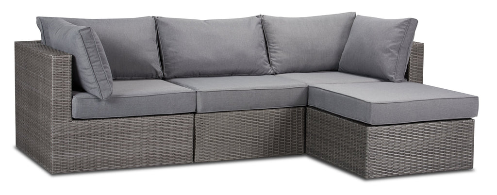 Morris 4-Piece Outdoor Patio Set with 2 Corner Chairs, 1 Armless Chair & Ottoman - Hand-Woven Resin Wicker, Olefin Fabric, UV & Weather Resistant - Grey | Ensemble Morris 4 pièces pour la terrasse | MORRG0P4