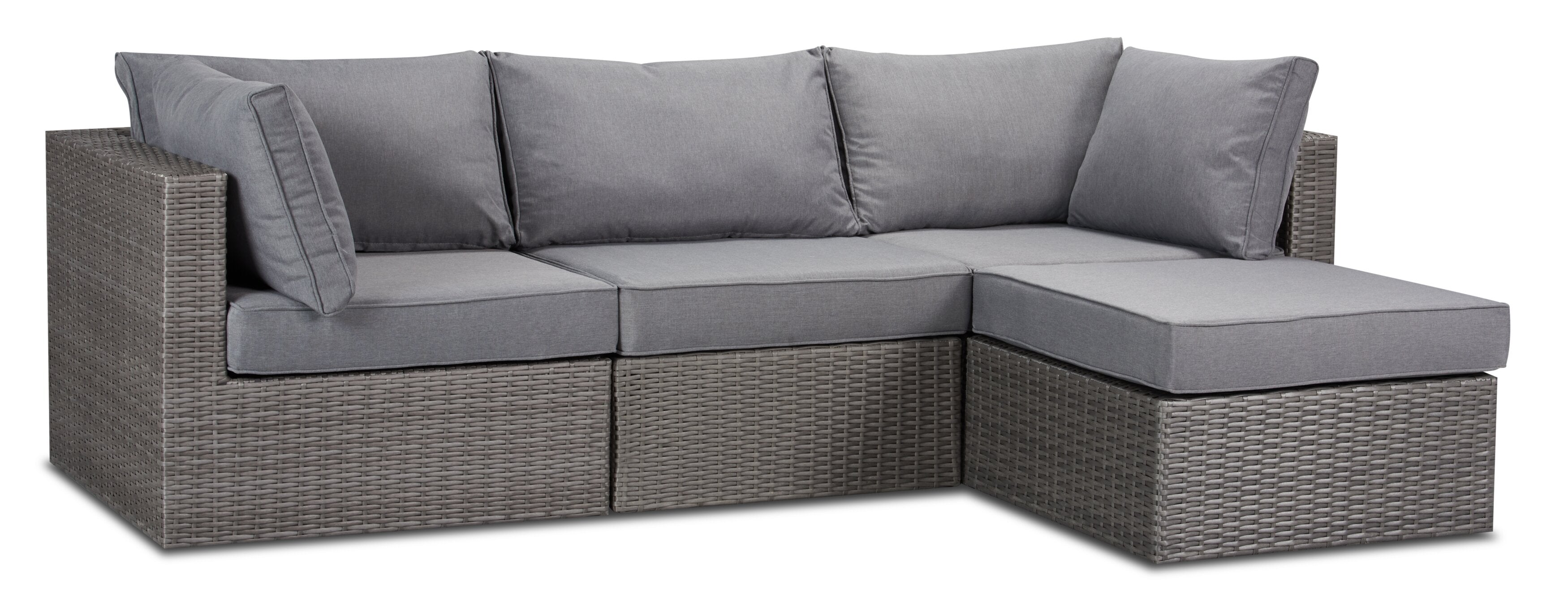 Morris 4-Piece Outdoor Patio Set with 2 Corner Chairs, 1 Armless Chair & Ottoman - Hand-Woven Resin Wicker, Olefin Fabric, UV & Weather Resistant - Grey | Ensemble Morris 4 pièces pour la terrasse | MORRG0P4