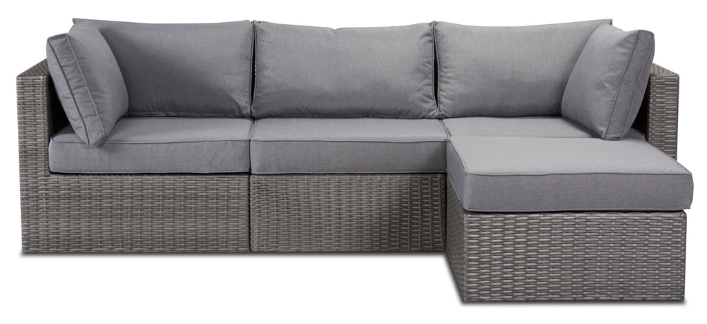 Morris 4-Piece Outdoor Patio Set with 2 Corner Chairs, 1 Armless Chair & Ottoman - Hand-Woven Resin Wicker, Olefin Fabric, UV & Weather Resistant - Grey | Ensemble Morris 4 pièces pour la terrasse | MORRG0P4