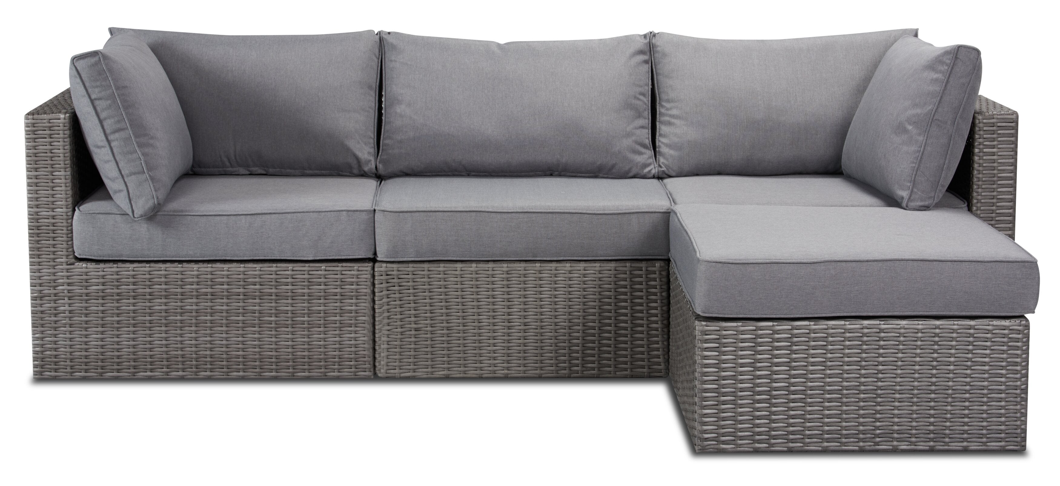 Morris 4-Piece Outdoor Patio Set with 2 Corner Chairs, 1 Armless Chair & Ottoman - Hand-Woven Resin Wicker, Olefin Fabric, UV & Weather Resistant - Grey | Ensemble Morris 4 pièces pour la terrasse | MORRG0P4