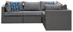 Morris 5-Piece Outdoor Patio Set with 3 Corner Chairs & 2 Armless Chairs - Hand-Woven Resin Wicker, Olefin Fabric, UV & Weather Resistant - Grey|Ensemble Morris 5 pièces pour la terrasse|MORRG0P5