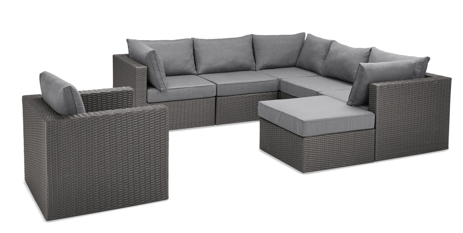 Morris 7-Piece Outdoor Patio Set with 3 Corner Chairs, 2 Armless Chairs, Patio Chair & Ottoman - Hand-Woven Resin Wicker, Olefin Fabric, UV & Weather Resistant - Grey|Ensemble Morris 7 pièces pour la terrasse|MORRG0P7