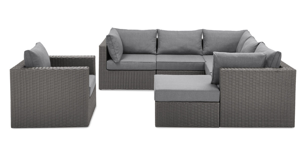 Morris 7-Piece Outdoor Patio Set with 3 Corner Chairs, 2 Armless Chairs, Patio Chair & Ottoman - Hand-Woven Resin Wicker, Olefin Fabric, UV & Weather Resistant - Grey|Ensemble Morris 7 pièces pour la terrasse|MORRG0P7