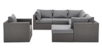Morris 7-Piece Outdoor Patio Set with 3 Corner Chairs, 2 Armless Chairs, Patio Chair & Ottoman - Hand-Woven Resin Wicker, Olefin Fabric, UV & Weather Resistant - Grey|Ensemble Morris 7 pièces pour la terrasse|MORRG0P7