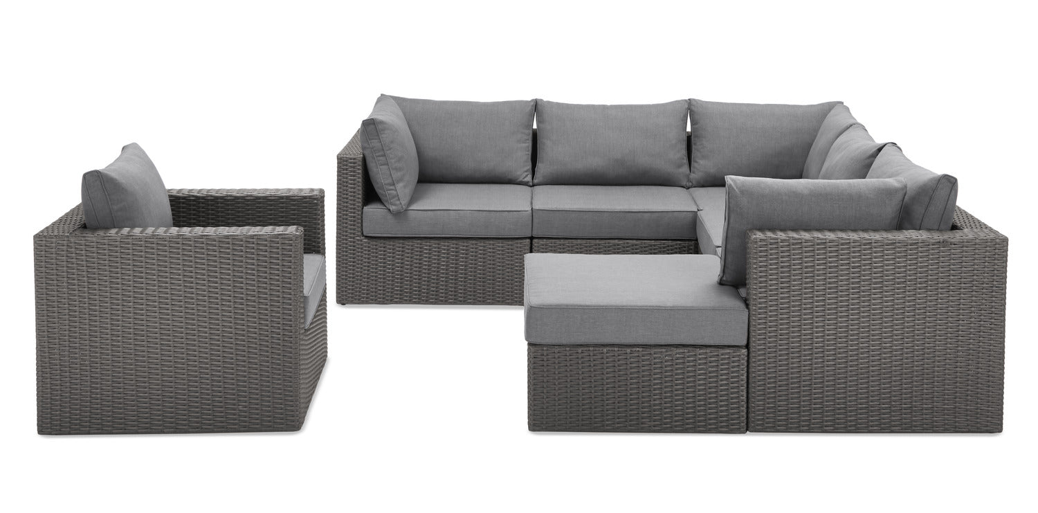Morris 7-Piece Outdoor Patio Set with 3 Corner Chairs, 2 Armless Chairs, Patio Chair & Ottoman - Hand-Woven Resin Wicker, Olefin Fabric, UV & Weather Resistant - Grey|Ensemble Morris 7 pièces pour la terrasse|MORRG0P7