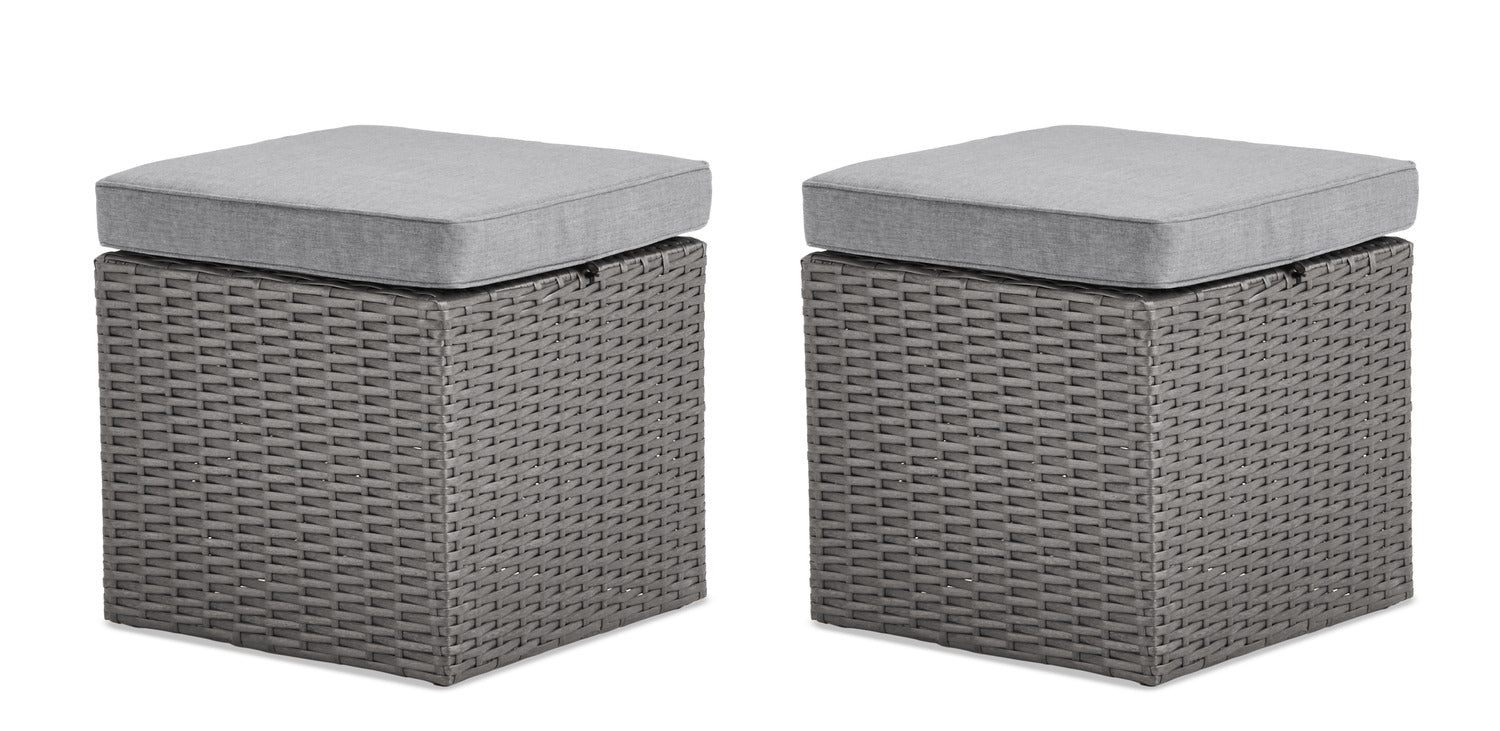 Morris Small Outdoor Patio Ottoman, Set of 2 - Hand-Woven Resin Wicker, Olefin Fabric, UV & Weather Resistant - Grey|Petit pouf Morris pour la terrasse, ensemble de 2|MORRGOT2