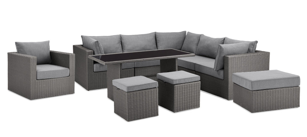 Morris 10-Piece Outdoor Patio Set - Hand-Woven Resin Wicker, UV & Weather Resistant - Grey | Ensemble Morris 10 pièces pour la terrasse à l’extérieur - osier en résine tressé à la main, résistant aux rayons UV et aux intempéries - gris