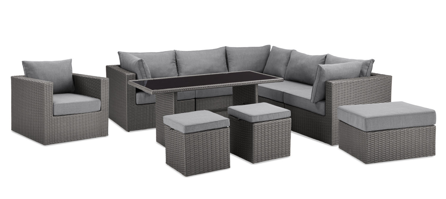 Morris 10-Piece Outdoor Patio Set - Hand-Woven Resin Wicker, UV & Weather Resistant - Grey | Ensemble Morris 10 pièces pour la terrasse à l’extérieur - osier en résine tressé à la main, résistant aux rayons UV et aux intempéries - gris